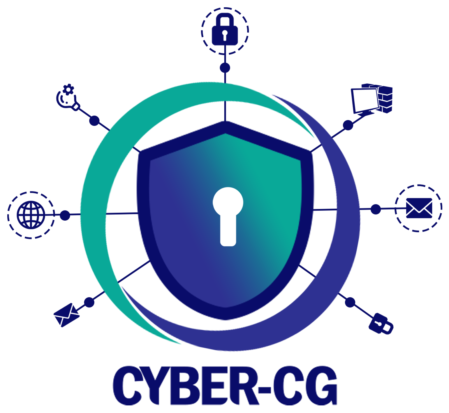 Bouclier CYBER-CG entouré des domaines protégés : web, e-mail, systèmes, données